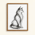 Minimalist pen sketch of a cat sitting tall — black and white cat wall art print