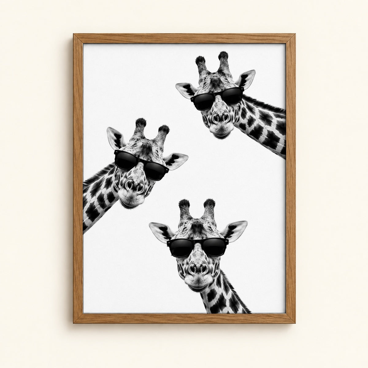 Three giraffes in matching black sunglasses — funny black and white ink wall art print