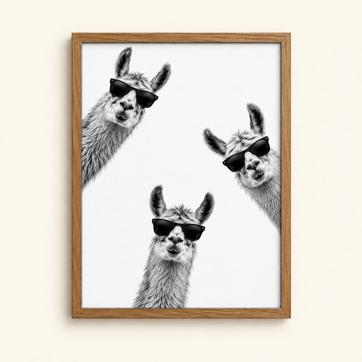 Three llamas in matching black sunglasses — funny black and white ink wall art print