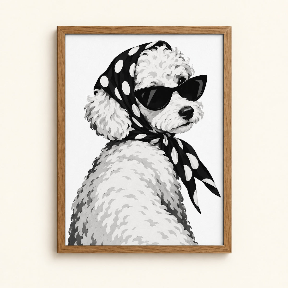 Poodle in a polka dot headscarf and cat-eye sunglasses — black and white ink dog wall art print