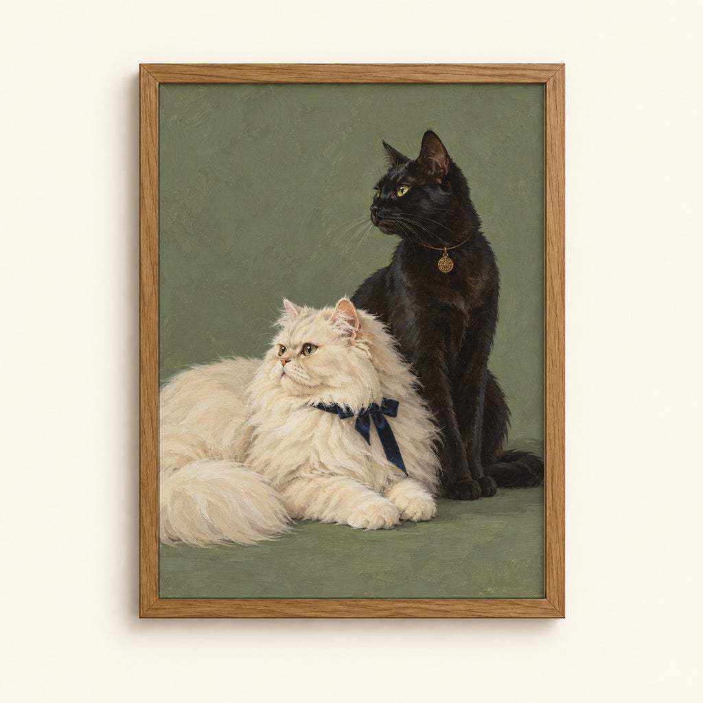 White Persian cat and black cat side by side — vintage painted cat portrait wall art print