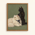 White Persian cat and black cat side by side — vintage painted cat portrait wall art print