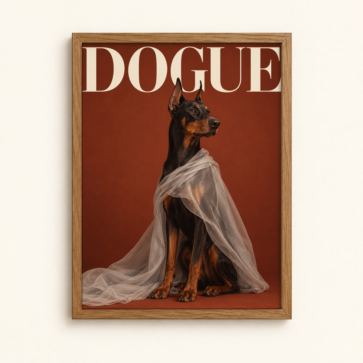 Doberman in a veil on a fashion magazine style cover — Dogue chic dog wall art print