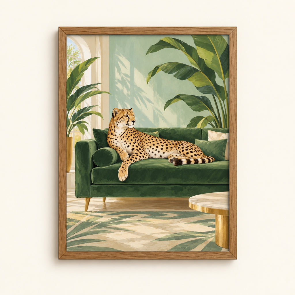 Cheetah lounging on a green velvet sofa in a tropical room — jungle animal wall art print