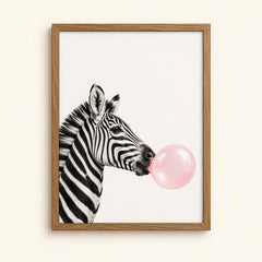 Black and white zebra blowing a pink bubblegum bubble — playful animal wall art print