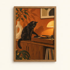 Black cat spinning vinyl on a mid-century turntable — retro music wall art print