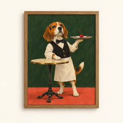 Dapper beagle waiter serving a cherry on a silver tray — vintage cafe dog wall art print