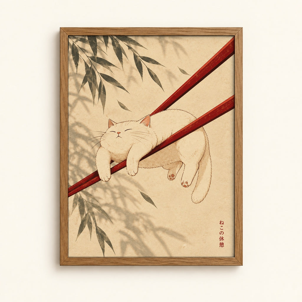 Sleeping white cat on a red beam with willow leaves — ukiyo-e wall art print