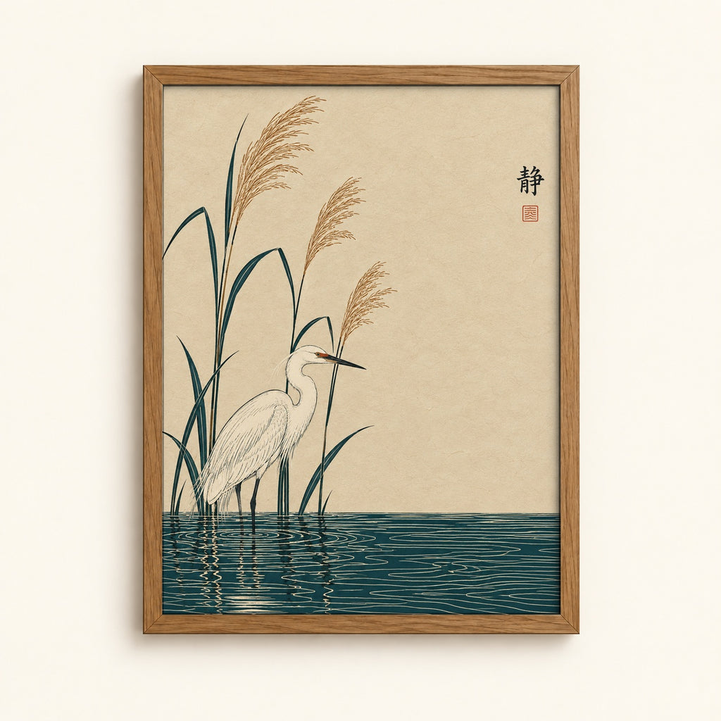 White egret among reeds in still teal water — Japanese ukiyo-e wall art print