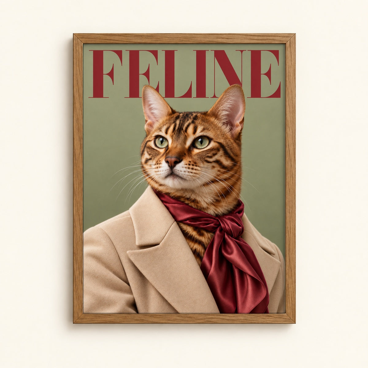 Bengal cat in a trench coat and scarf on a fashion magazine style cover — Feline cat wall art print