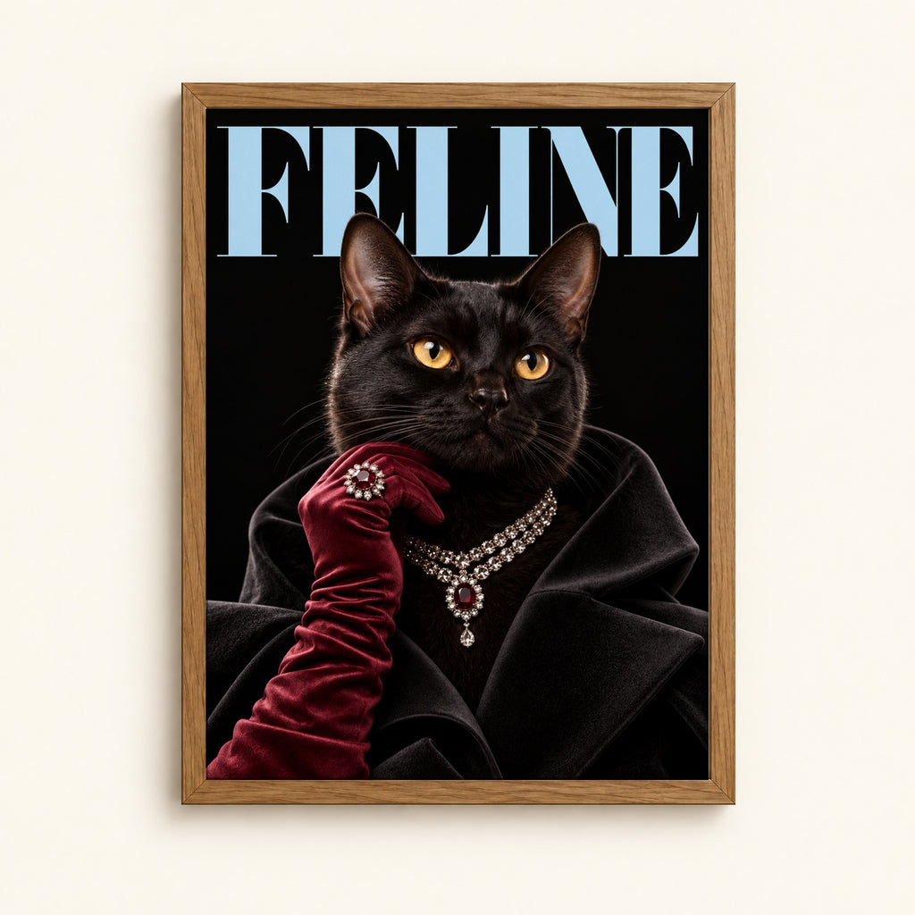 Black Bombay cat in jewels and velvet on a fashion magazine style cover — glam cat wall art print