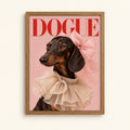 Dachshund in a pink bow and ruffled collar on a fashion magazine style cover — Dogue dog wall art print