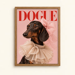 Dachshund in a pink bow and ruffled collar on a fashion magazine style cover — Dogue dog wall art print