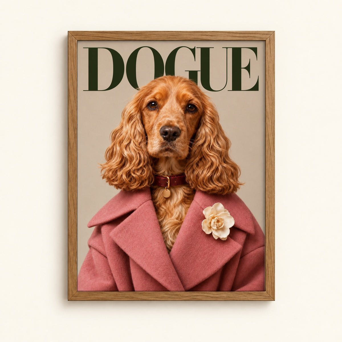 Cocker spaniel in a pink coat on a fashion magazine style cover — Dogue dog wall art print