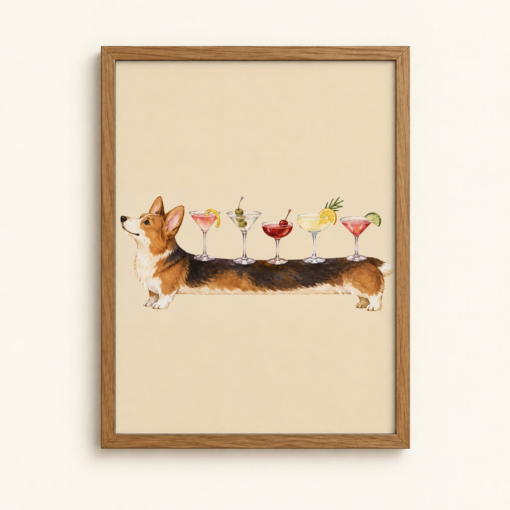 Corgi serving cocktails at a bar — watercolor style dog wall art print