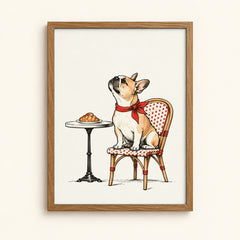 French bulldog with a croissant on a bistro chair — dog wall art print