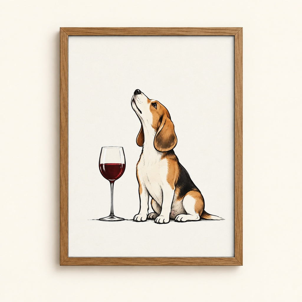 Beagle with a glass of wine — funny dog wall art print