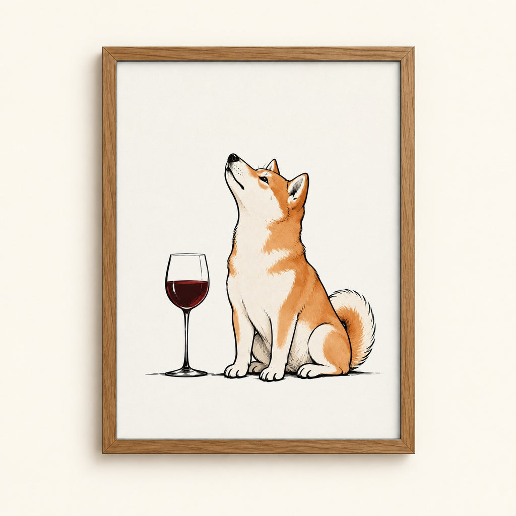 Shiba Inu with a wine glass in warm tones — dog lover wall art print
