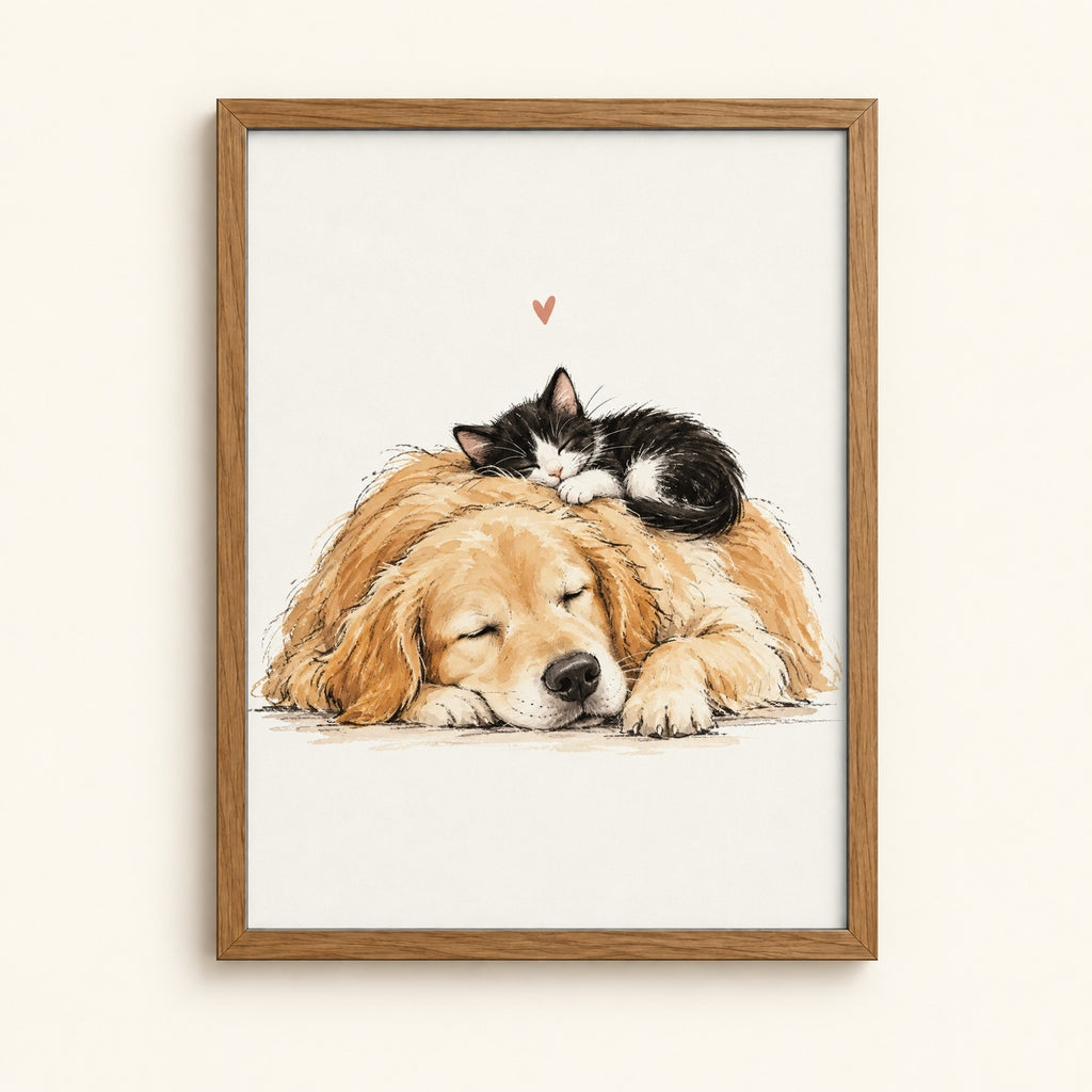 Sleeping golden retriever and kitten snuggled together — watercolor pets wall art print