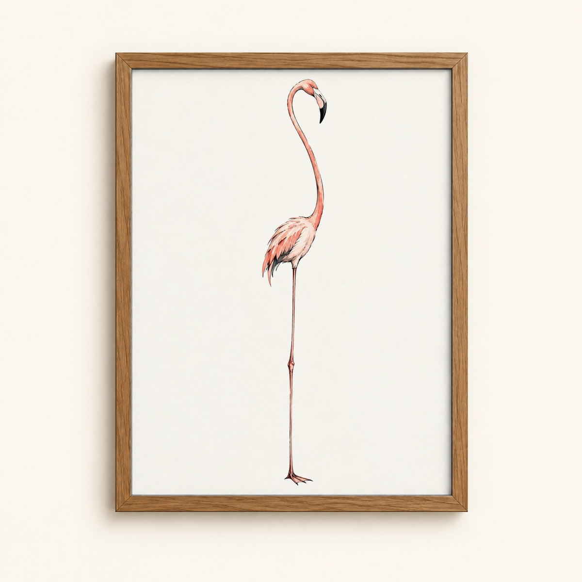 Standing flamingo in watercolor on a cream background — bird wall art print