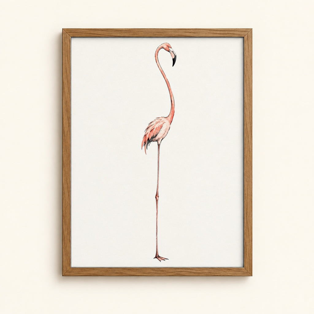 Standing flamingo in watercolor on a cream background — bird wall art print