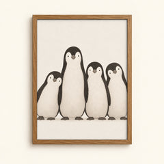 Penguin family of four in warm neutral tones — cute nursery wall art print