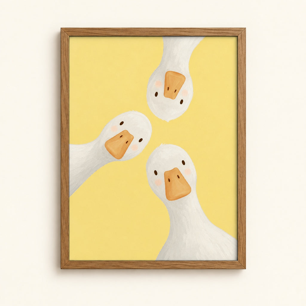 Three curious geese on a sunny yellow background — cute wall art print