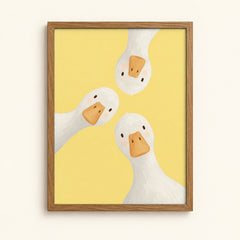 Three curious geese on a sunny yellow background — cute wall art print