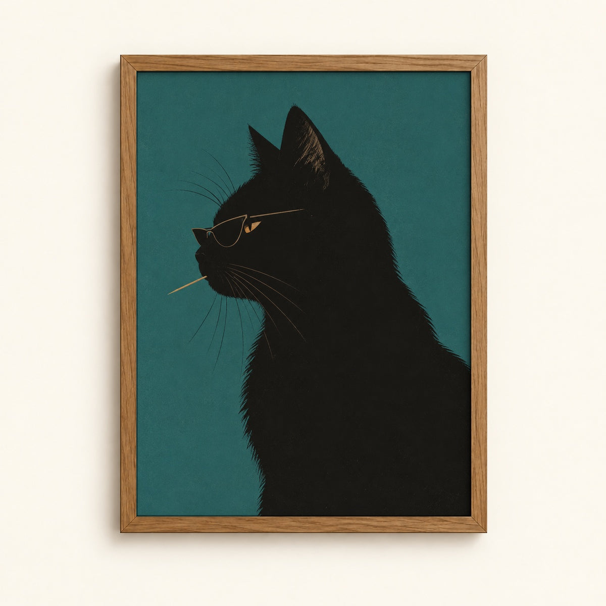 Black cat in sunglasses on a teal background — bold cat wall art print