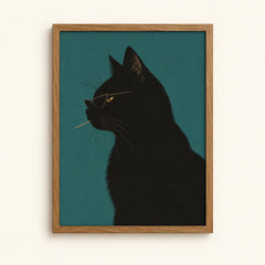 Black cat in sunglasses on a teal background — bold cat wall art print