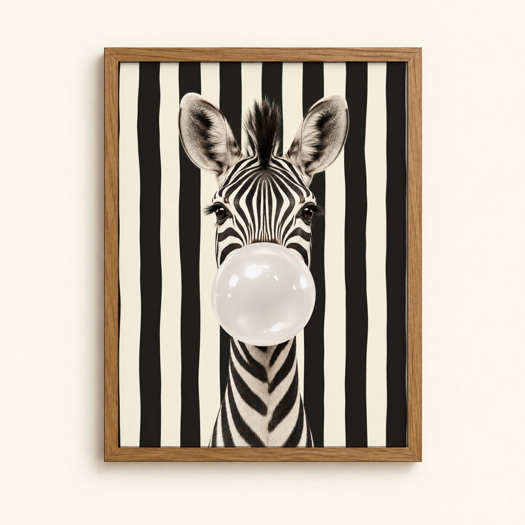 Zebra blowing bubblegum on a striped background — playful animal wall art print