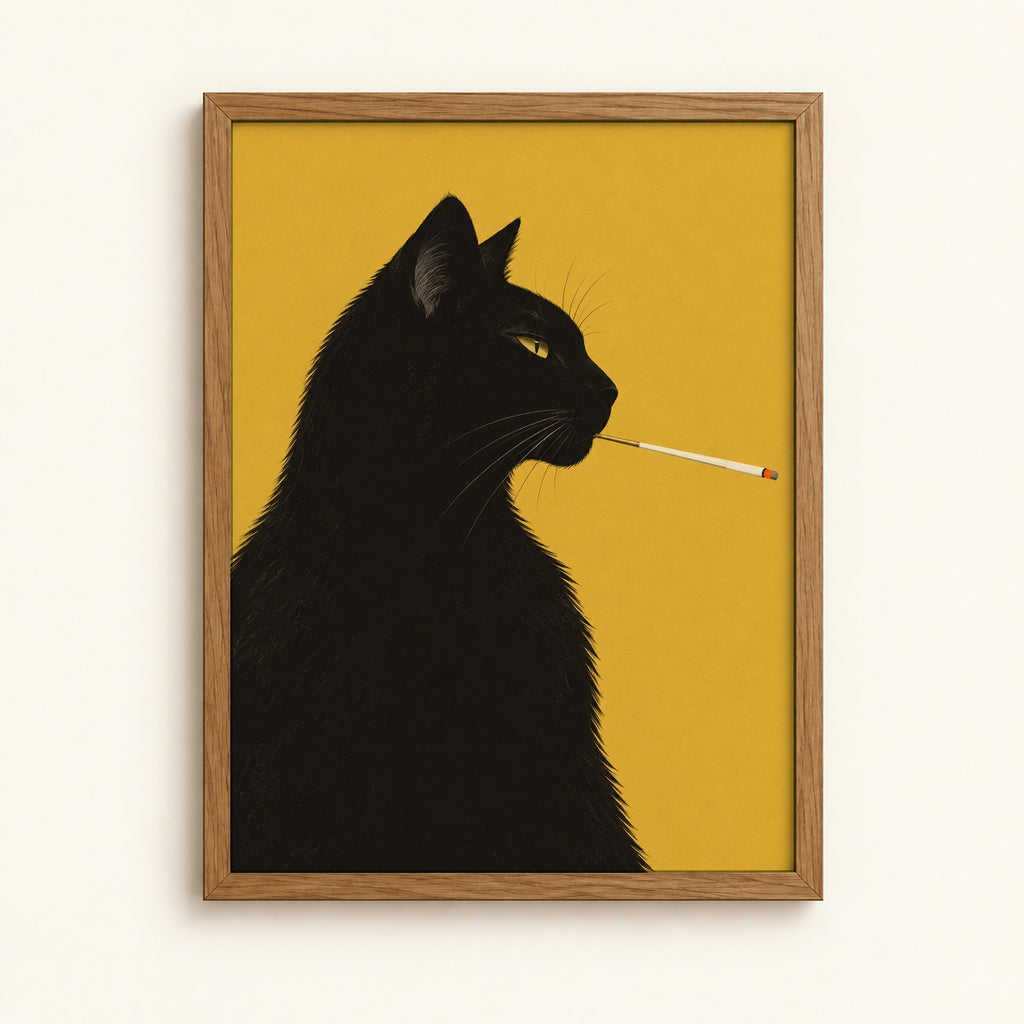Sleek black cat with a cigarette holder on a mustard yellow background, stylish cat poster