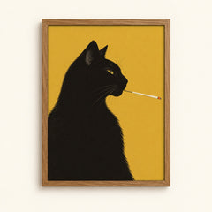 Sleek black cat with a cigarette holder on a mustard yellow background, stylish cat poster