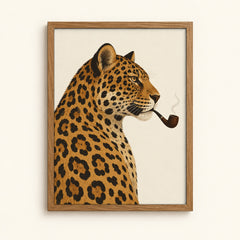 Dapper leopard in profile smoking a wooden pipe on a cream background, animal art print