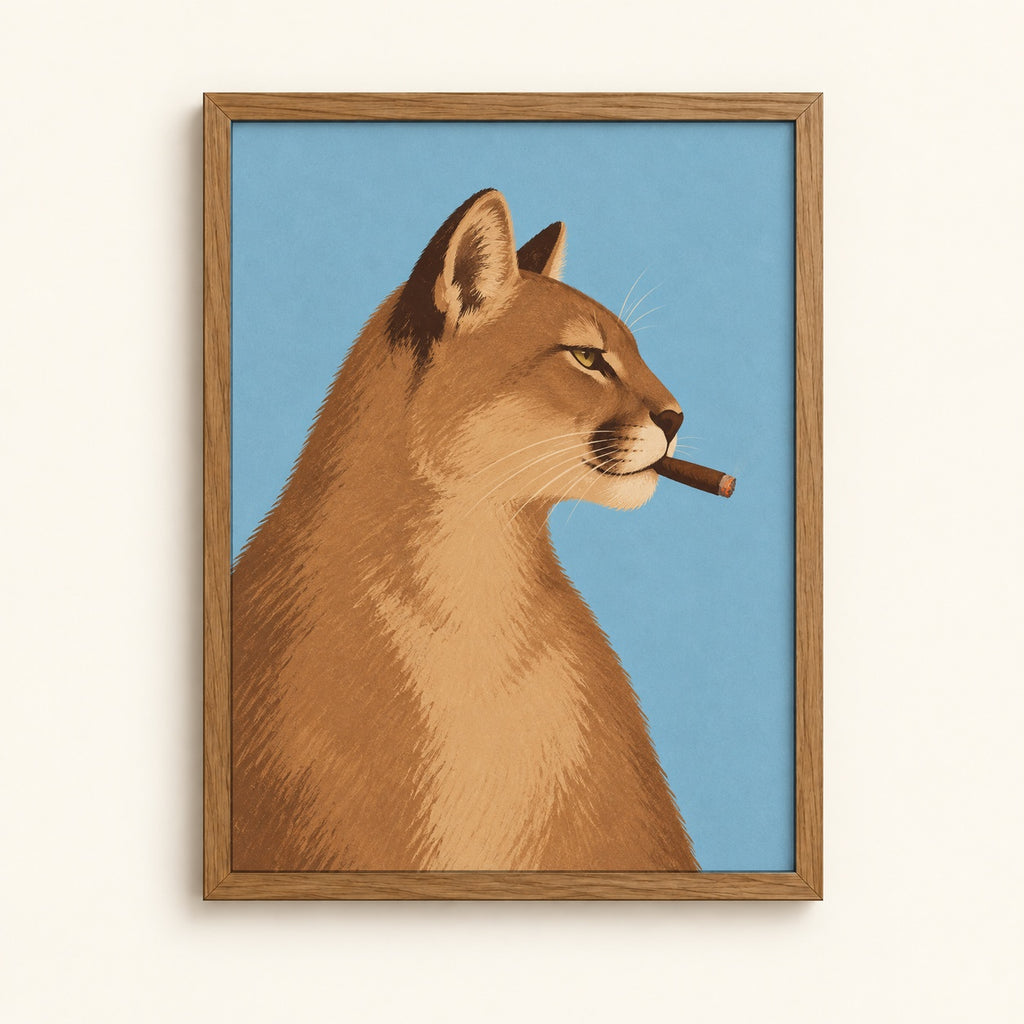 Illustrated cougar with a cigar in its mouth on a sky-blue background, quirky animal art print