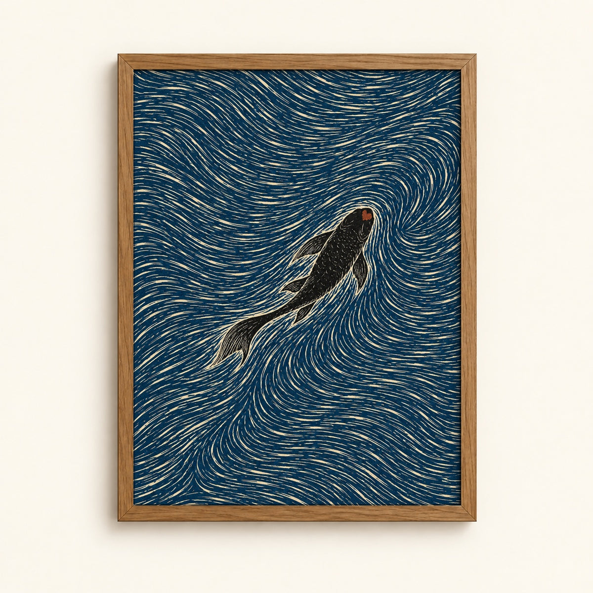 Black koi fish in swirling indigo and cream waters, woodblock-style art print