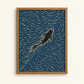 Black koi fish in swirling indigo and cream waters, woodblock-style art print