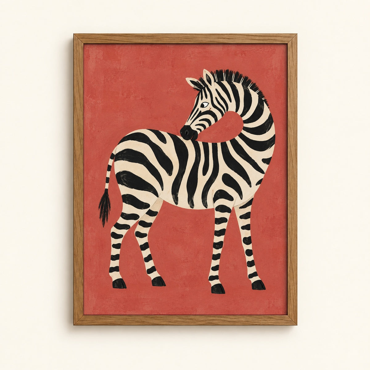 Zebra with bold black stripes on a terracotta red background — animal art print