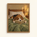 Impasto painting of a beagle reading a book in bed under warm lamplight, unframed wall art poster