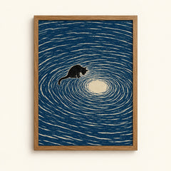 Black cat gazing into a glowing moon pool of swirling indigo ripples, cat art print