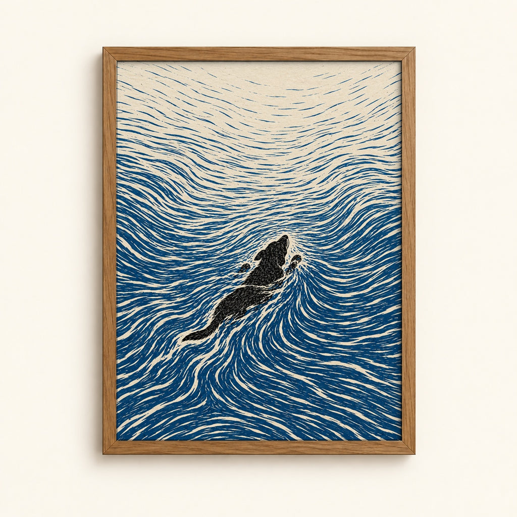 Black dog swimming through swirling blue woodcut-style waves, dog art print