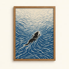 Black dog swimming through swirling blue woodcut-style waves, dog art print