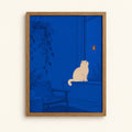 Cream cat on a windowsill watching a monarch butterfly in a cobalt blue room, cat art print