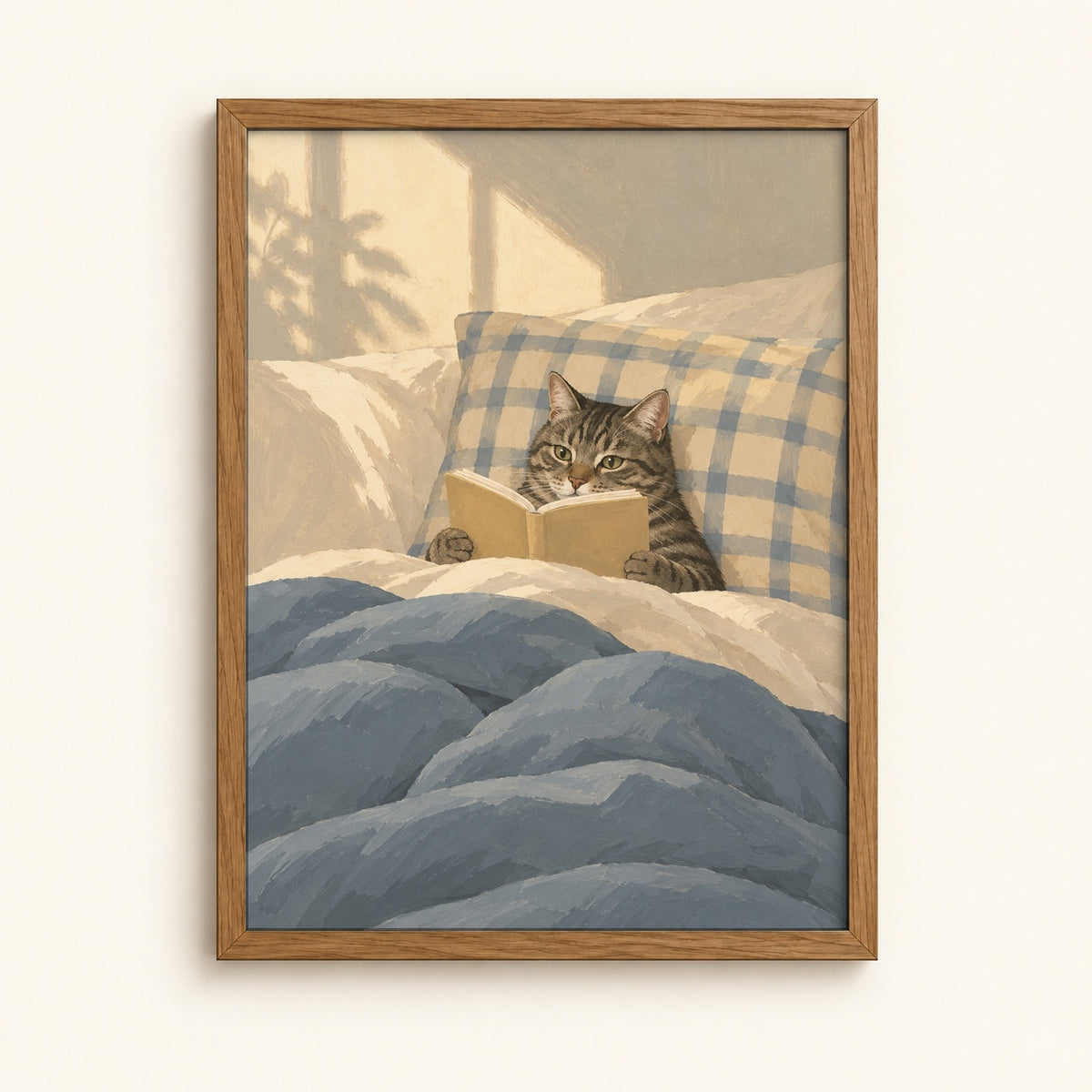 Painted tabby cat reading in bed — cozy wall art print