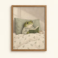 Frog in pajamas reading in bed — cozy illustrated wall art print