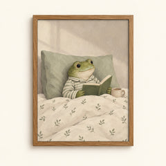 Frog in pajamas reading in bed — cozy illustrated wall art print