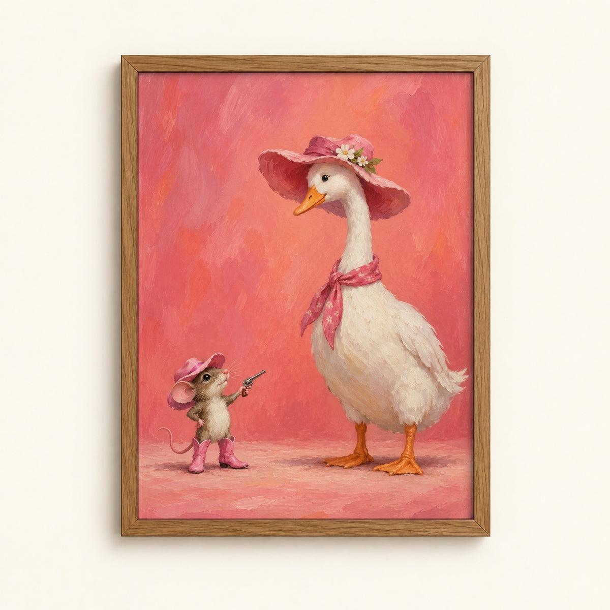 Cowgirl mouse and bonneted goose in a playful standoff — whimsical pink wall art print