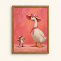 Cowgirl mouse and bonneted goose in a playful standoff — whimsical pink wall art print