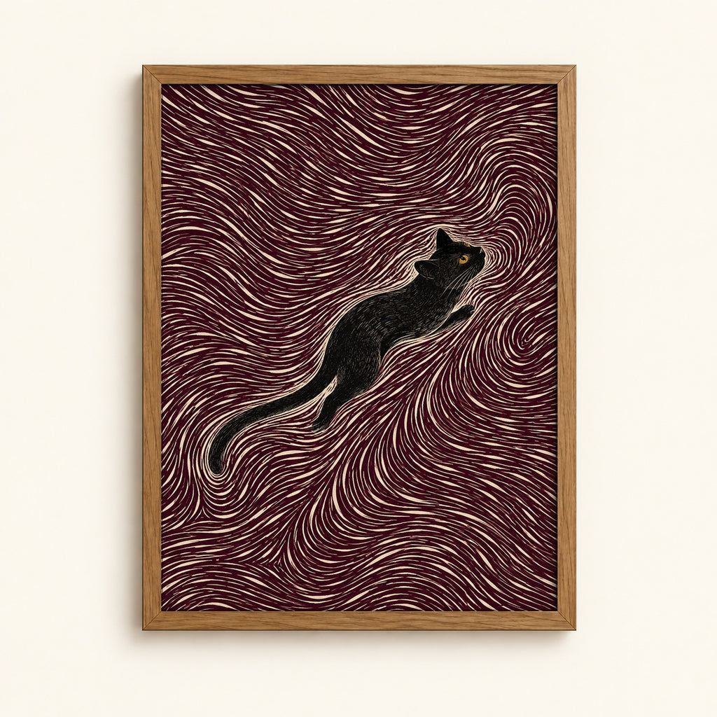Black cat against swirling maroon line art — abstract cat wall art print