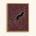 Black cat against swirling maroon line art — abstract cat wall art print